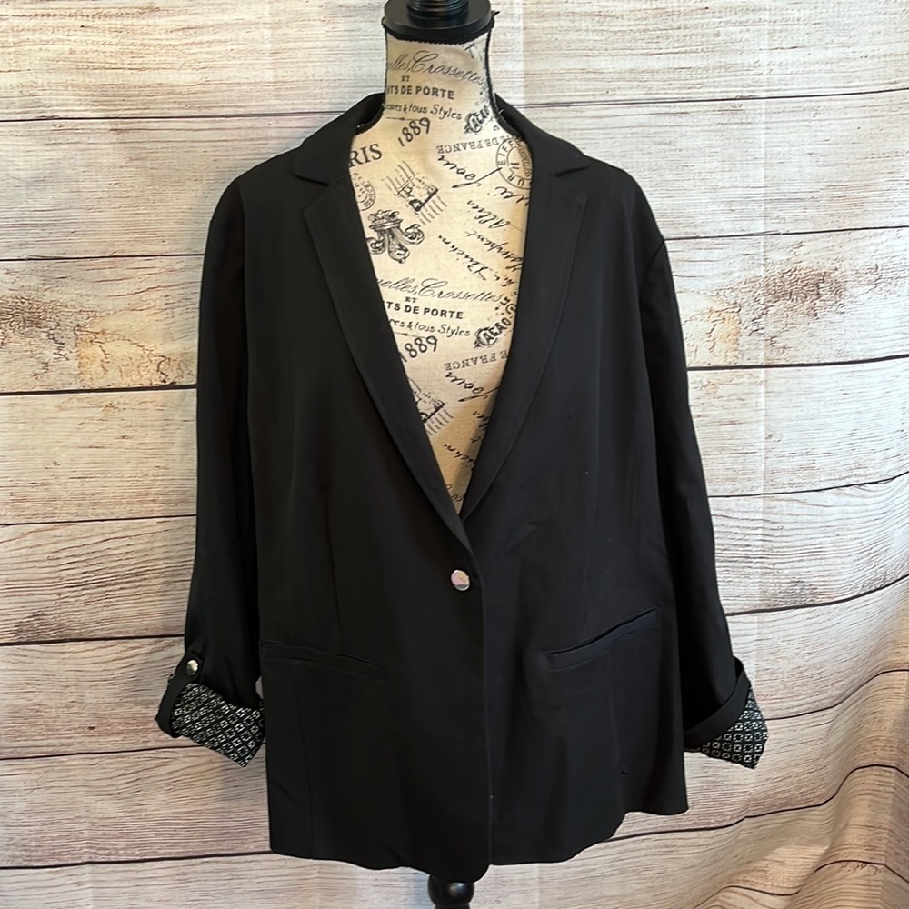 Chico’s Blazer Black Roll Up Sleeves Contrast Lining Size XL Chicos 3